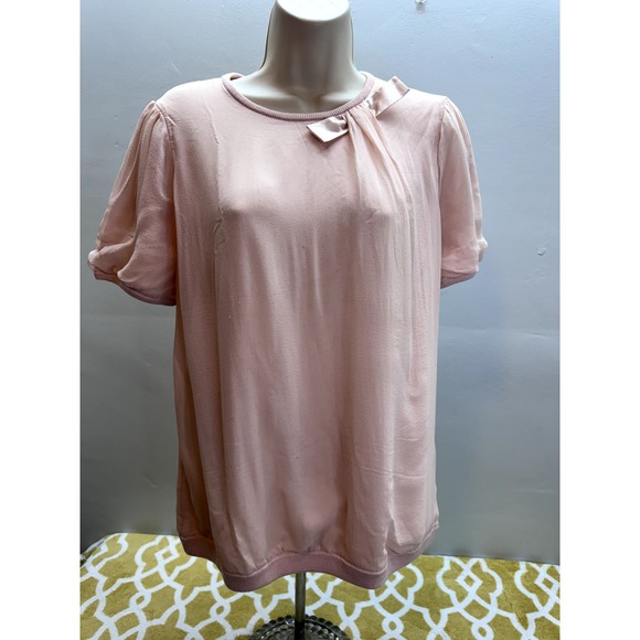 Anne Taylor Baby Pink Silk Merino Wool Bow Short Sleeve Sweater, Size M - Picture 1 of 15